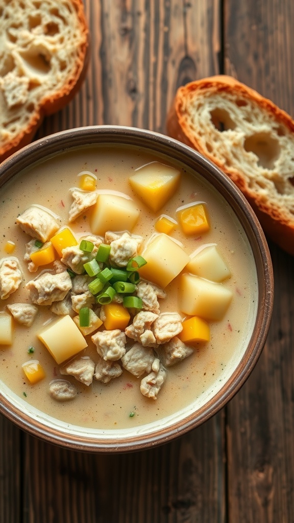 A warm bowl of tuna and corn chowder with potatoes and green onions, accompanied by crusty bread on a rustic table.
